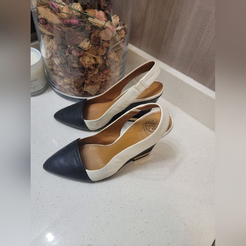Tory Burch Black and White Slingback Wedge Pumps - Picture 2 of 8